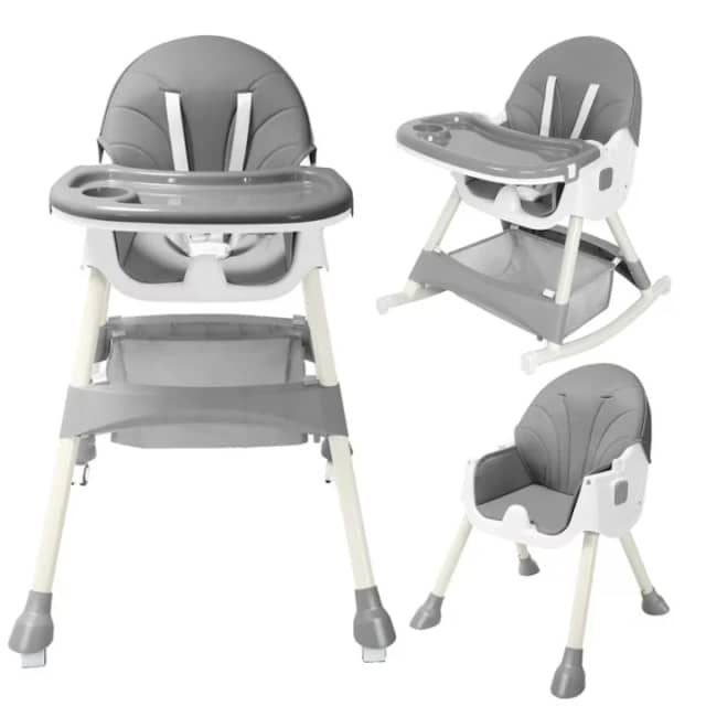 Scaun de Masa Pliabil 4 in 1 KinderVibe™ 6 Luni +, Multifunctional si Stabil, Tavita si Husa Detasabile si Lavabile, Roti, Centura de Siguranta 5 Puncte, Ajustabil pe Inaltime, Balansoar, Cos de Depozitare, Dove Grey