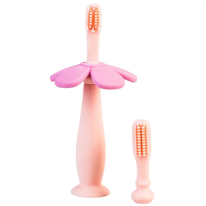 Periuta de dinti bebe din silicon Babysnugg cu 2 capete si ventuza, fara BPA, PVC, Latex si Ftalati - Roz