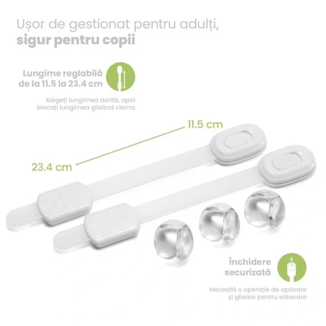 Set 20x Sigurante Universale Zennify™, 8x Sigurante Usi Copii, Sertare, Cuptor, Frigider, Congelator, Toaleta, Ajustabile pe Lungime, Adeziv Puternic, Fara Urme, 12x Protectii Colturi din Silicon si Husa Depozitare incluse