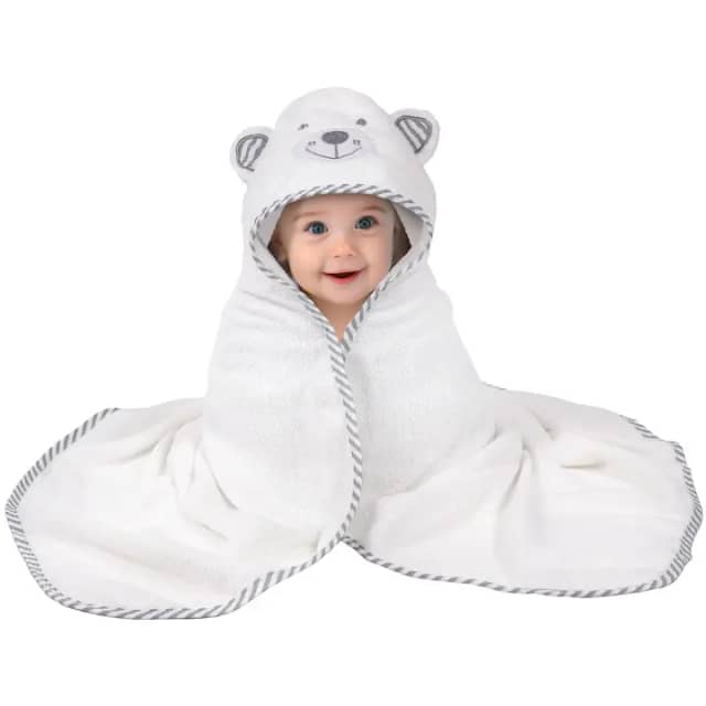 Prosop de Baie cu Gluga pentru Bebelusi, FizioTab®, Bambus Super Absorbant, Hipoalergenic, Tip Halat, Moale si Pufos cu Capison pentru Copii, 90X90, Model Ursulet Alb cu Gri