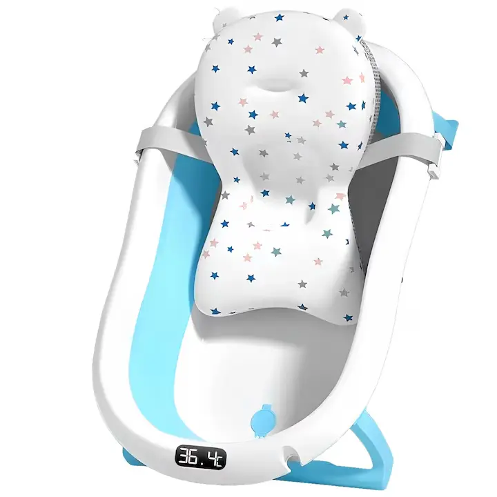 Cadita Bebe GALAXIA®, cu suport si termometru, pliabila, include o perna de siguranta detasabila, protectie anti-alunecare, sarcina maxima 46 kg, albastru