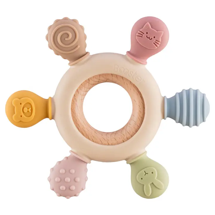 Jucarie dentitie Booster, bebelusi si nou nascuti, BPA free, Phthalate & Plastic free, antibacteriana, inel gingival, silicon alimentar non-toxic, mijloc din lemn natural de fag, 6 capete senzoriale de mestecat, 113*113*18 mm, 54 gr, 0 luni+, Multicolora