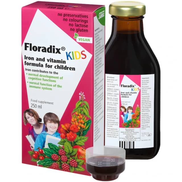 Supliment lichid "Floradix Kids" cu Fier, Vitamine, extracte plante si fructe, fara alergeni, fara chimicale, 250ml, Salus-Haus