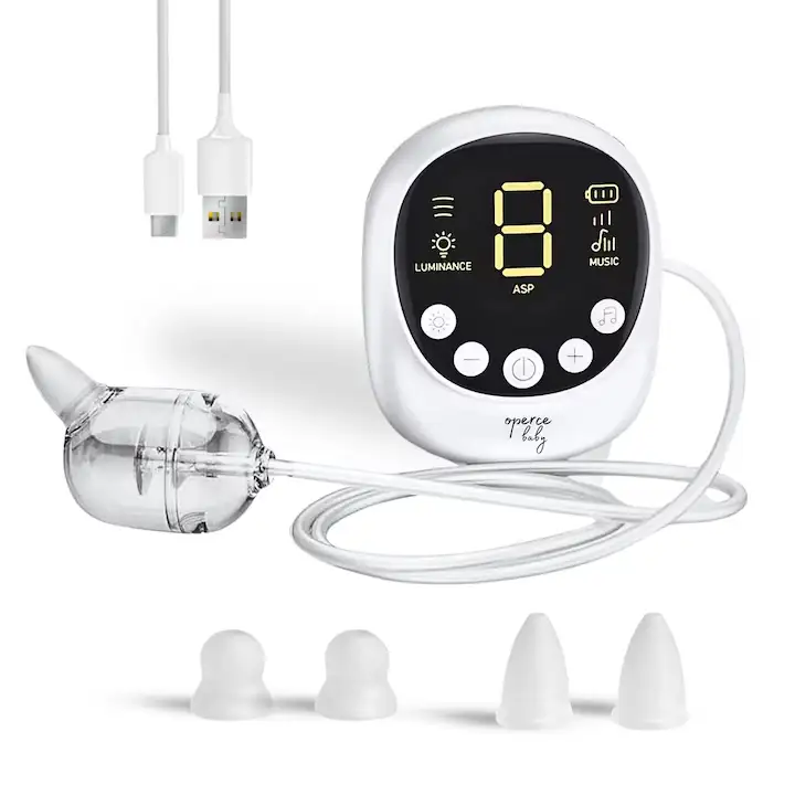 Aspirator Nazal Electric, OPERCE™️, Premium, 9 Trepte Absorbtie, Putere 65Kpa, Zgomot Redus, Muzica, Lumina de Veghe, Capacitate 20ml, Ecran LED, Fara BPA, Reincarcabil, 4 Capete si Cablu USB Incluse, Alb